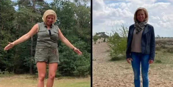 Frau in Sportbekleidung steht im Wald und lächelt. Ein anderes Bild zeigt sie in Jeans und Lederjacke im Freien.