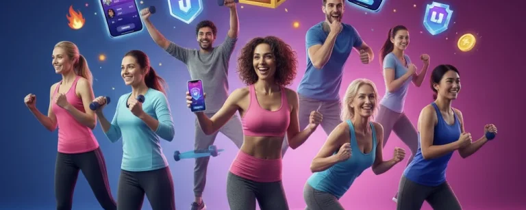 Entdecken Sie, wie Gamification in Fitness-Apps Ihre Motivation steigert. Diverse Menschen nutzen Apps mit Belohnungen, Achievements und Challenges für nachhaltigen Trainingserfolg. Überwinden Sie den inneren Schweinehund mit spielerischen Elementen.