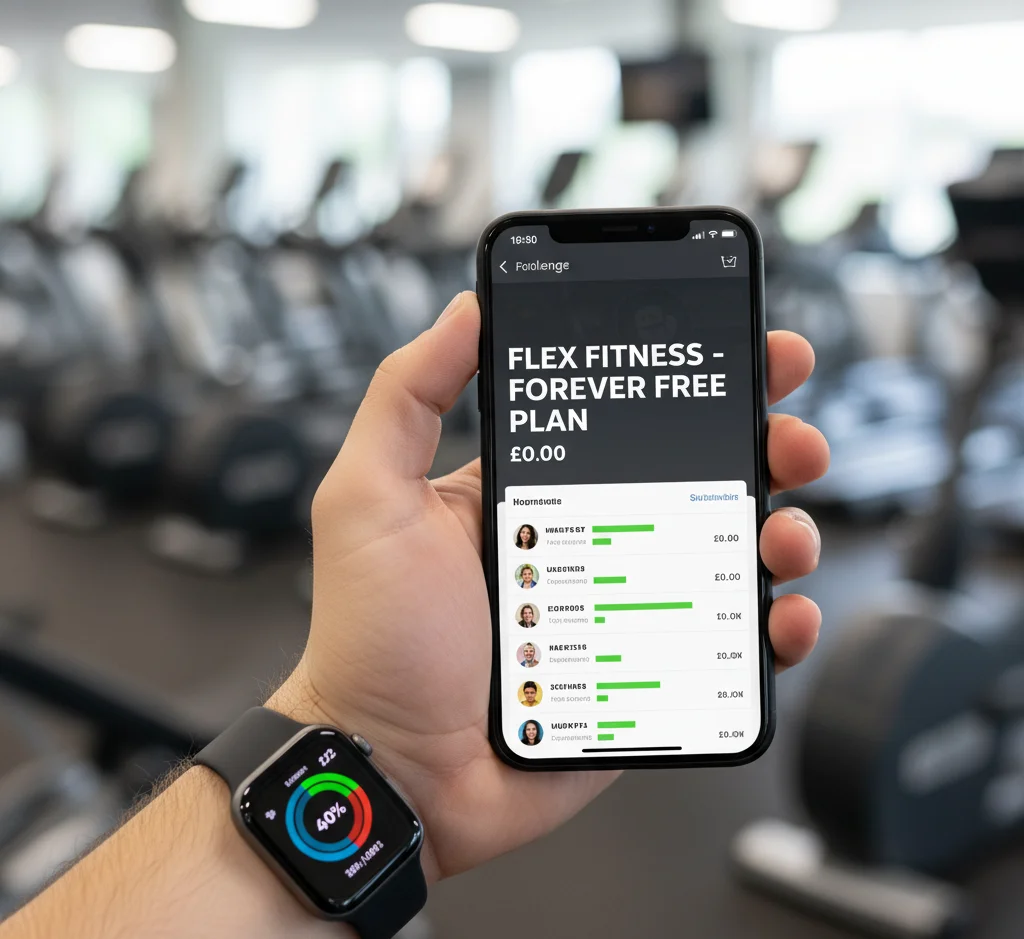 Hand holding phone with Apple Watch showing free fitness challenge app with leaderboard